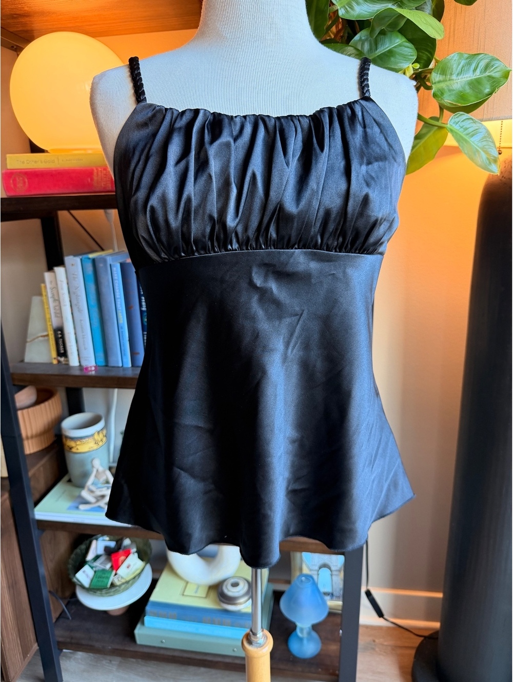 Y2K iz Byer Black Satin Babydoll Camisole Top Size XL